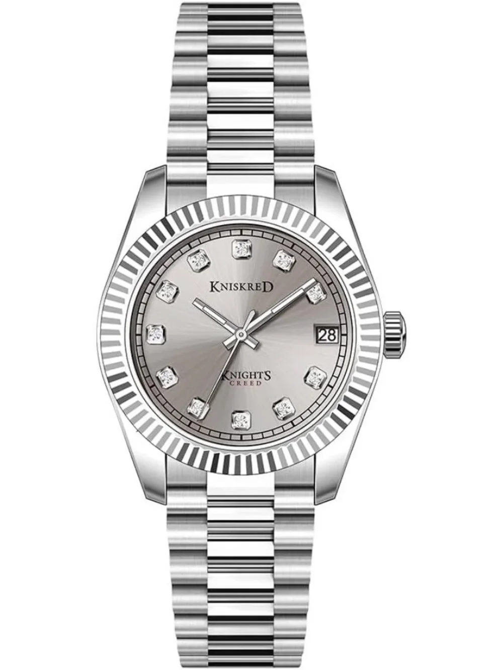 Women's Silver Grey Crystal Accented Dial Solid Stainless Steel Band Wrist Watch